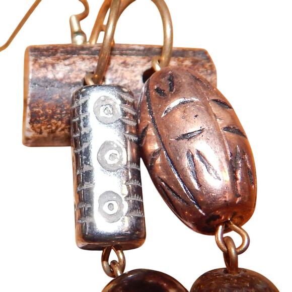 Vintage Wild Tribal Metal & Wood Earrings - Picture 2 of 4